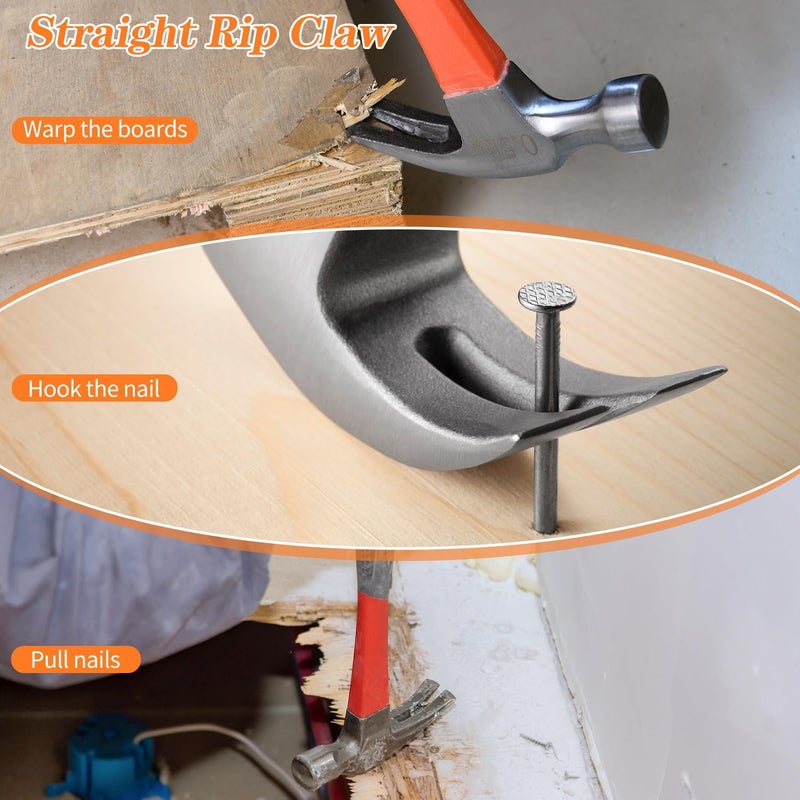 DkOvn 2pcs 24oz Claw Hammer, Straight Rip Claw Hammer, Fiberglass General Purpose Hammer with Smooth Face & Non-slip Grip - Image 4